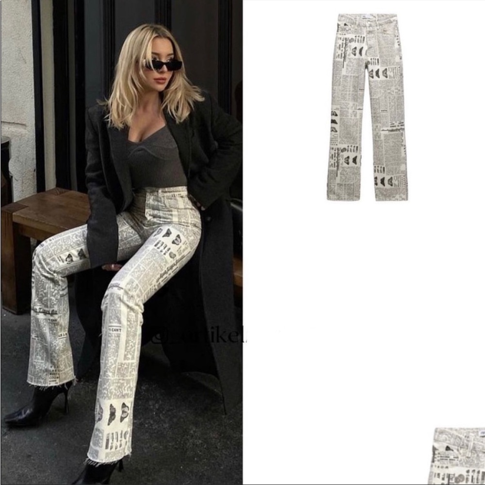 ZARA STRAIGHT FIT PRINT DENIM JEANS 6045/043 NEWSPAPER PRINT